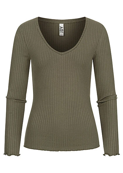 JACQUELINE DE YONG JDY By ONLY Damen Ribbed V-Neck Longsleeve Frill Kalamata Oliv Grün 3 JACQUELINE DE YONG JDY By ONLY Damen Ribbed V-Neck Longsleeve Frill Kalamata Oliv Grün