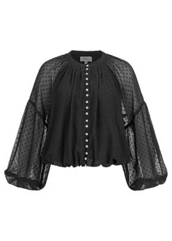 ONLY Damen Kurzes Ballon Blusen Shirt Knopfleiste Punkte Muster Schwarz