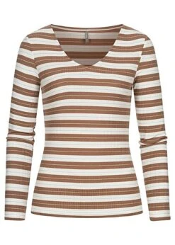 ONLY Damen V-Neck Lurex Longsleeve Glitzer Streifen Cloud Dancer Weiss Burro Braun