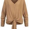 Styleboom Fashion Damen Bluse Longsleeve Mit Knoten Vorne Camel Braun
