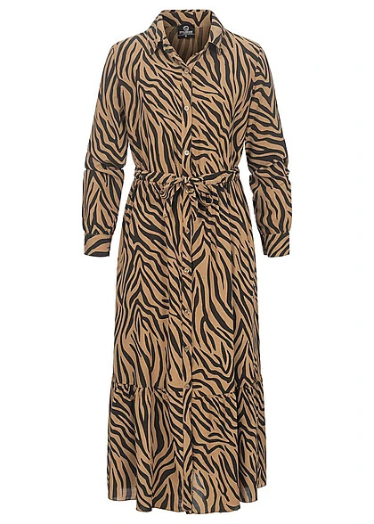 Styleboom Fashion Damen Viskose Maxi Kleid AOP Animal Bindegürtel Schwarz Braun 6 Styleboom Fashion Damen Viskose Maxi Kleid AOP Animal Bindegürtel Schwarz Braun – Bild 4
