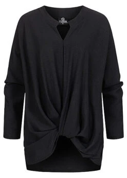 Styleboom Fashion Damen Bluse Longsleeve Knotendetail Vorne Schwarz