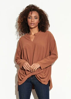 Styleboom Fashion Damen Bluse Longsleeve Knotendetail Vorne Camel Braun -ModeWelt Verkäufe 21106751 3