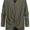 Styleboom Fashion Damen Bluse Longsleeve Knotendetail Vorne Oliv Grün -ModeWelt Verkäufe 21106752