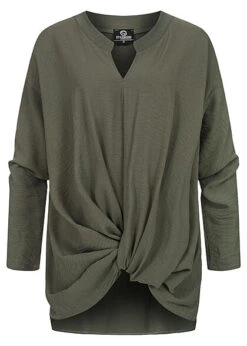 Styleboom Fashion Damen Bluse Longsleeve Knotendetail Vorne Oliv Grün