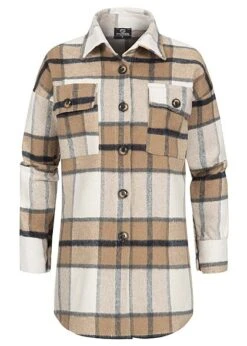 Styleboom Fashion Damen Hemd Mit Knopfleiste 2 Brusttaschen Kariert Beige