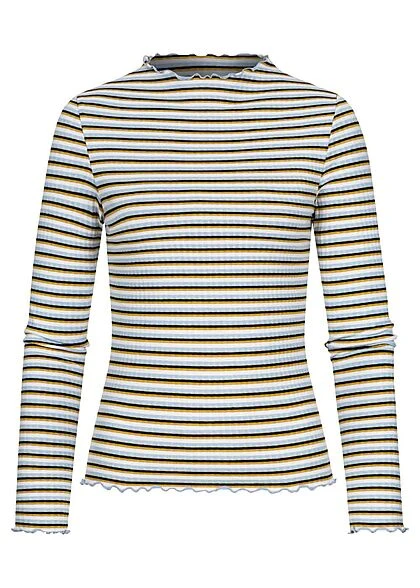ONLY Damen Longsleeve Pullover Mit Frill-Saum Und Bündchen Gestreift Weiss Blau Gelb 3 ONLY Damen Longsleeve Pullover Mit Frill-Saum Und Bündchen Gestreift Weiss Blau Gelb