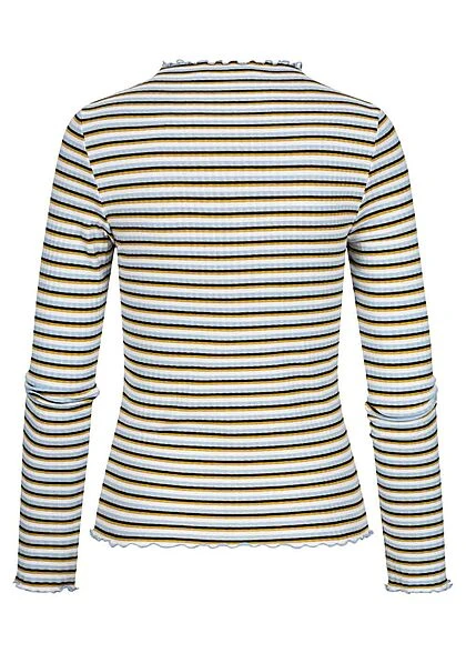 ONLY Damen Longsleeve Pullover Mit Frill-Saum Und Bündchen Gestreift Weiss Blau Gelb 4 ONLY Damen Longsleeve Pullover Mit Frill-Saum Und Bündchen Gestreift Weiss Blau Gelb – Bild 2