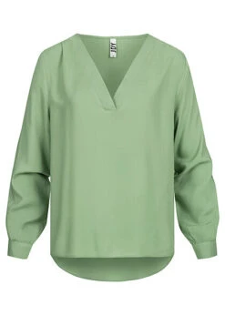JACQUELINE DE YONG JDY By ONLY Damen NOOS V-Neck Langarm Viskose Bluse Vokuhila Basil Grün
