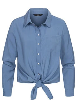 ONLY Damen Klassische Viskose Bluse Mit Bindedetail Vorne Moonlight Blau