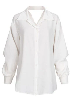 Styleboom Fashion Damen V-Neck Bluse Mit Spitze Am Rücken Weiss