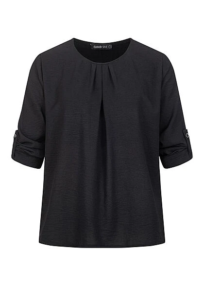 Cloud5ive Damen Turn-Up Blusen Shirt Mit Raffdetail Am Kragen Schwarz 3 Cloud5ive Damen Turn-Up Blusen Shirt Mit Raffdetail Am Kragen Schwarz