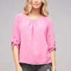 Cloud5ive Damen Turn-Up Blusen Shirt Mit Raffdetail Am Kragen Pink