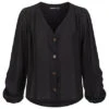 Cloud5ive Damen V-Neck Chiffon Bluse Mit Knopfleiste Vokuhila Schwarz