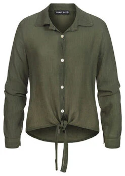 Cloud5ive Damen Viskose Strukturbluse Mit Bindedetail Vorne Oliv Grün