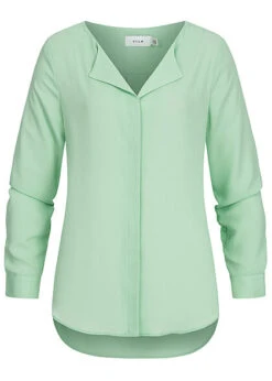 VILA Damen NOOS Leichte V-Neck Langarm Bluse Vokuhila Grayed Jade Grün