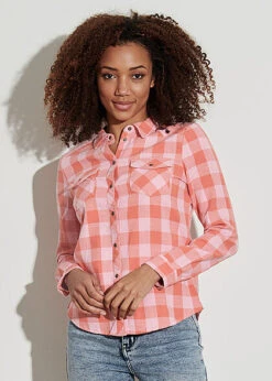 ONLY Damen Langarm Blusen Hemd Knopfleiste Karo Muster 2 Brusttaschen Sand Beige Pink -ModeWelt Verkäufe 22010053 3