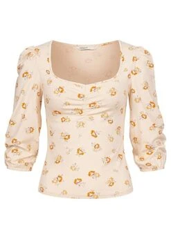 ONLY Damen 3/4 Arm V-Neck Viskose Longsleeve Shirt Blumen Muster Birch Beige