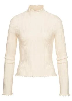 Vero Moda Damen Ribbed High-Neck Longsleeve Mit Frilldetails Birch Beige