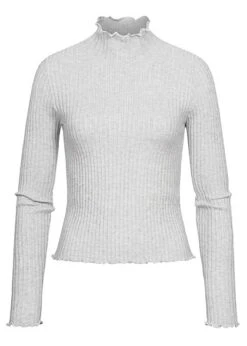Vero Moda Damen Ribbed High-Neck Longsleeve Mit Frilldetails Hell Grau Melange