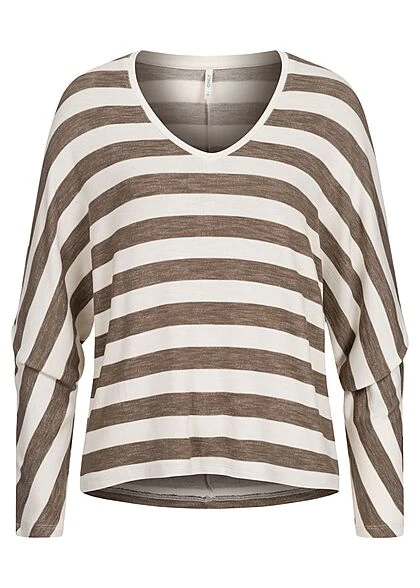 ONLY Damen V-Neck Viskose T-Shirt Mit Streifen Muster Walnut Braun Tofu Beige