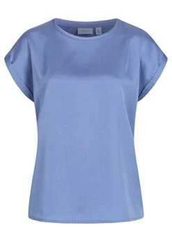 VILA Damen NOOS Satin Blusen Shirt Mit Flügelärmeln Materialmix English Manor Blau