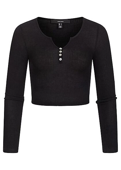 Vero Moda Damen Ribbed V-Neck Crop Top Longsleeve Deko Knöpfe Schwarz 3 Vero Moda Damen Ribbed V-Neck Crop Top Longsleeve Deko Knöpfe Schwarz