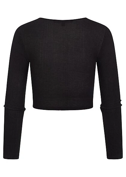 Vero Moda Damen Ribbed V-Neck Crop Top Longsleeve Deko Knöpfe Schwarz 4 Vero Moda Damen Ribbed V-Neck Crop Top Longsleeve Deko Knöpfe Schwarz – Bild 2