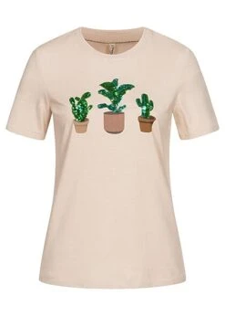 ONLY Damen T-Shirt Mit Kakteen Pailletten Print Pumice Stone Beige Grün