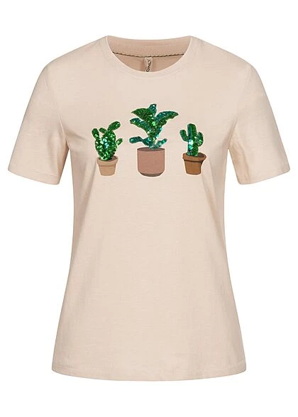 ONLY Damen T-Shirt Mit Kakteen Pailletten Print Pumice Stone Beige Grün