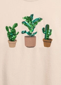 ONLY Damen T-Shirt Mit Kakteen Pailletten Print Pumice Stone Beige Grün -ModeWelt Verkäufe 22010501 2