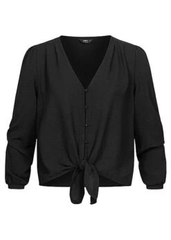 ONLY Damen NOOS V-Neck Langarm Bluse Mit Knopfleiste & Bindedetail Vorne Schwarz