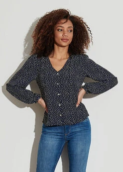 ONLY Damen NOOS V-Neck Langarm Bluse Mit Knopfleiste Punkte Muster Night Sky Blau -ModeWelt Verkäufe 22010534 2