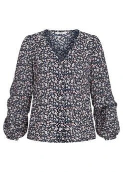 ONLY Damen NOOS V-Neck Langarm Bluse Mit Knopfleiste Blumen Muster Night Sky Blau