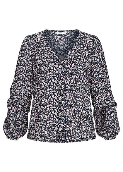 ONLY Damen NOOS V-Neck Langarm Bluse Mit Knopfleiste Blumen Muster Night Sky Blau 3 ONLY Damen NOOS V-Neck Langarm Bluse Mit Knopfleiste Blumen Muster Night Sky Blau