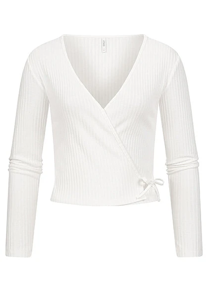ONLY Damen NOOS Ribbed V-Neck Wickel-Top Longsleeve Seitl. Zum Binden Egret Weiss 4 ONLY Damen NOOS Ribbed V-Neck Wickel-Top Longsleeve Seitl. Zum Binden Egret Weiss – Bild 2