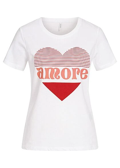 ONLY Damen Basic T-Shirt Mit Print Amore Bright Weiss Rot 3 ONLY Damen Basic T-Shirt Mit Print Amore Bright Weiss Rot