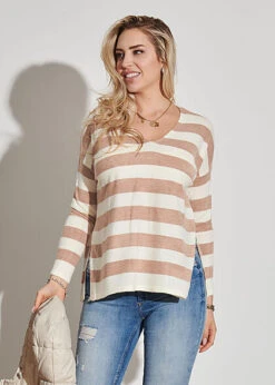 ONLY Damen V-Neck Strick Longsleeve Pullover Mit Streifen Cloud Weiss Braun -ModeWelt Verkäufe 22020052 3