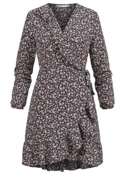 ONLY Damen NOOS V-Neck Mini Wickelkleid Mit Frilldetails Blumen Muster Night Sky Blau