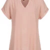 Vero Moda Damen T-Shirt Turn-Up Details An Den Ärmel V-Neck Misty Hell Rosa