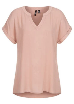 Vero Moda Damen T-Shirt Turn-Up Details An Den Ärmel V-Neck Misty Hell Rosa
