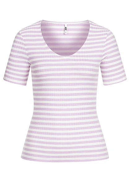 JACQUELINE DE YONG JDY By ONLY Damen NOOS T-Shirt Mit V-Neck Und Streifen Lila Weiss 3 JACQUELINE DE YONG JDY By ONLY Damen NOOS T-Shirt Mit V-Neck Und Streifen Lila Weiss