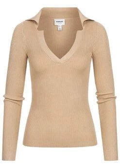 Aware By Vero Moda Damen V-Neck Struktur Longsleeve Pullover Safari Braun