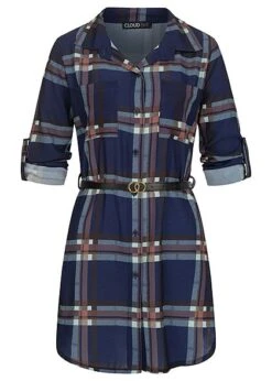Cloud5ive Damen Turn-Up Bluse Mit Bindegürtel Karo Muster Knopfleiste Navy Blau