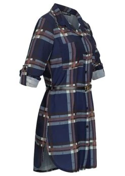 Cloud5ive Damen Turn-Up Bluse Mit Bindegürtel Karo Muster Knopfleiste Navy Blau -ModeWelt Verkäufe 22026188 2