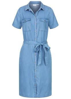 VILA Damen NOOS Blusen Kleid Jeans Look Mit 2 Brusttaschen Bindegürtel Medium Blau Denim