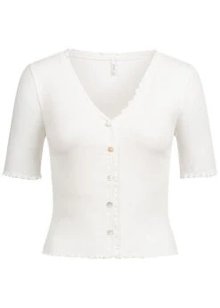ONLY Damen Bluse Top Mit Knopfleiste Und Frilldetails Weiss