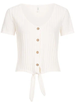 ONLY Damen Bluse Top Mit Knopfleiste Und Knotendetail V-Neck Cloud Dancer Weiss