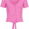 ONLY Damen Bluse Top Mit Knopfleiste Und Knotendetail V-Neck Pink