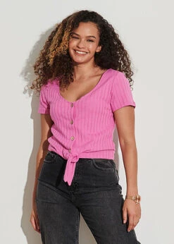 ONLY Damen Bluse Top Mit Knopfleiste Und Knotendetail V-Neck Pink -ModeWelt Verkäufe 22030243 2